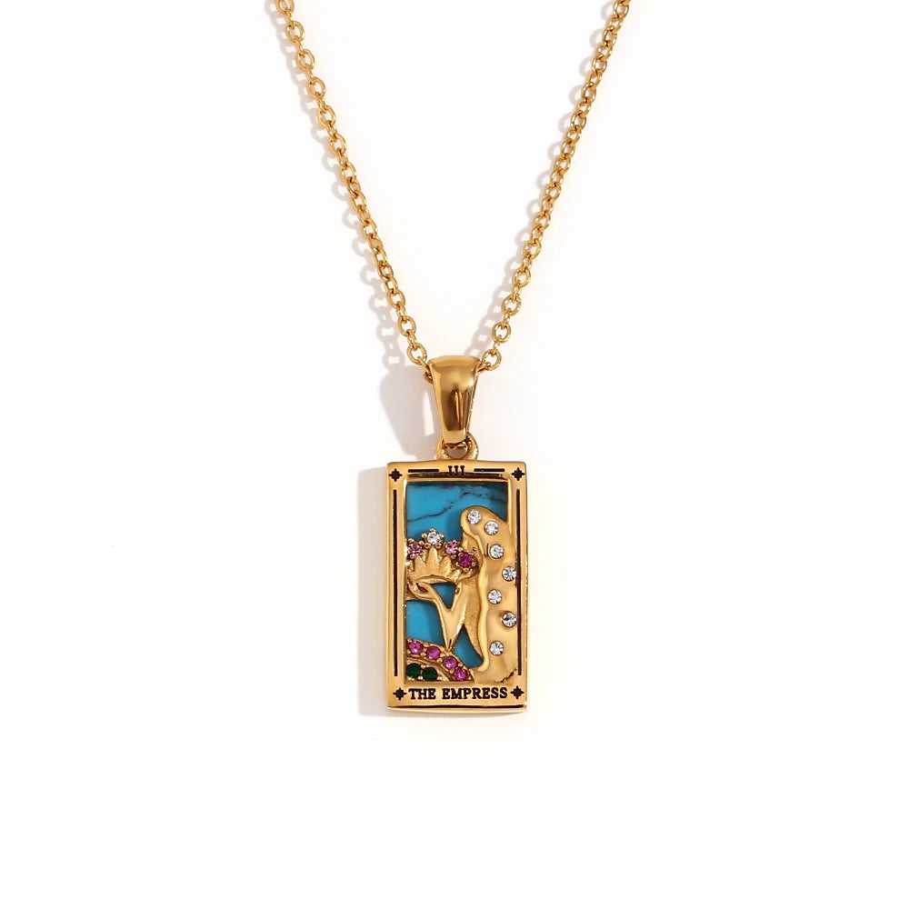 The Empress - Tarot Card 18k Dainty Necklace with Blue Enamel