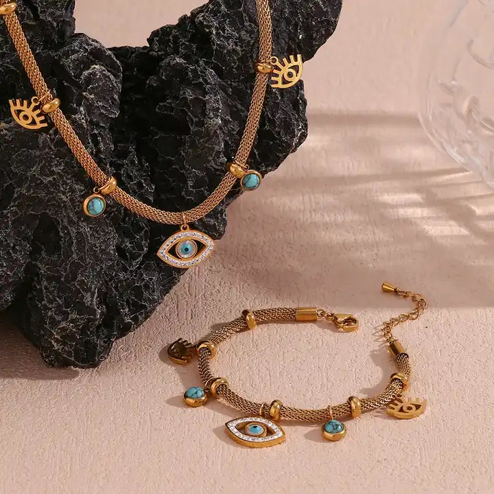 The Guardian - Evil Eye 18k Necklace and Bracelet Set with Turquoise