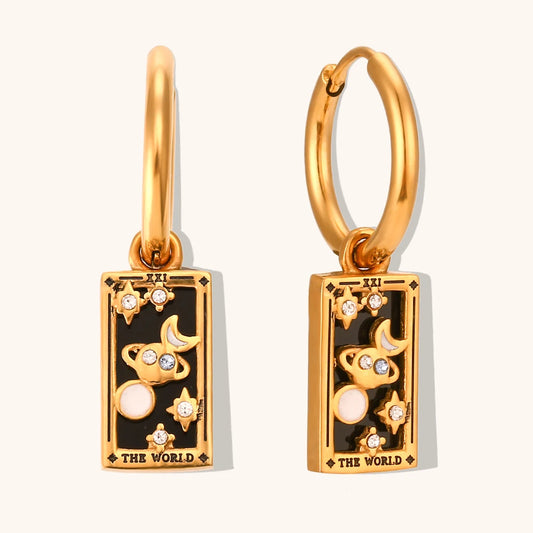 The World - Tarot Card Gold Hoop Earrings