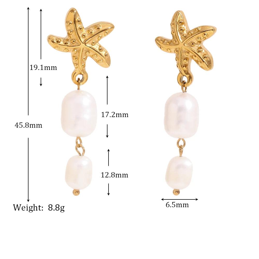 Ocean Treasures - Starfish and Pearls Dangle Gold Earrings