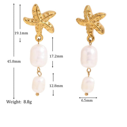 Ocean Treasures - Starfish and Pearls Dangle Gold Earrings