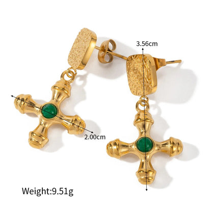 Faith's Embrace - Green Agate Cross Drop Earrings