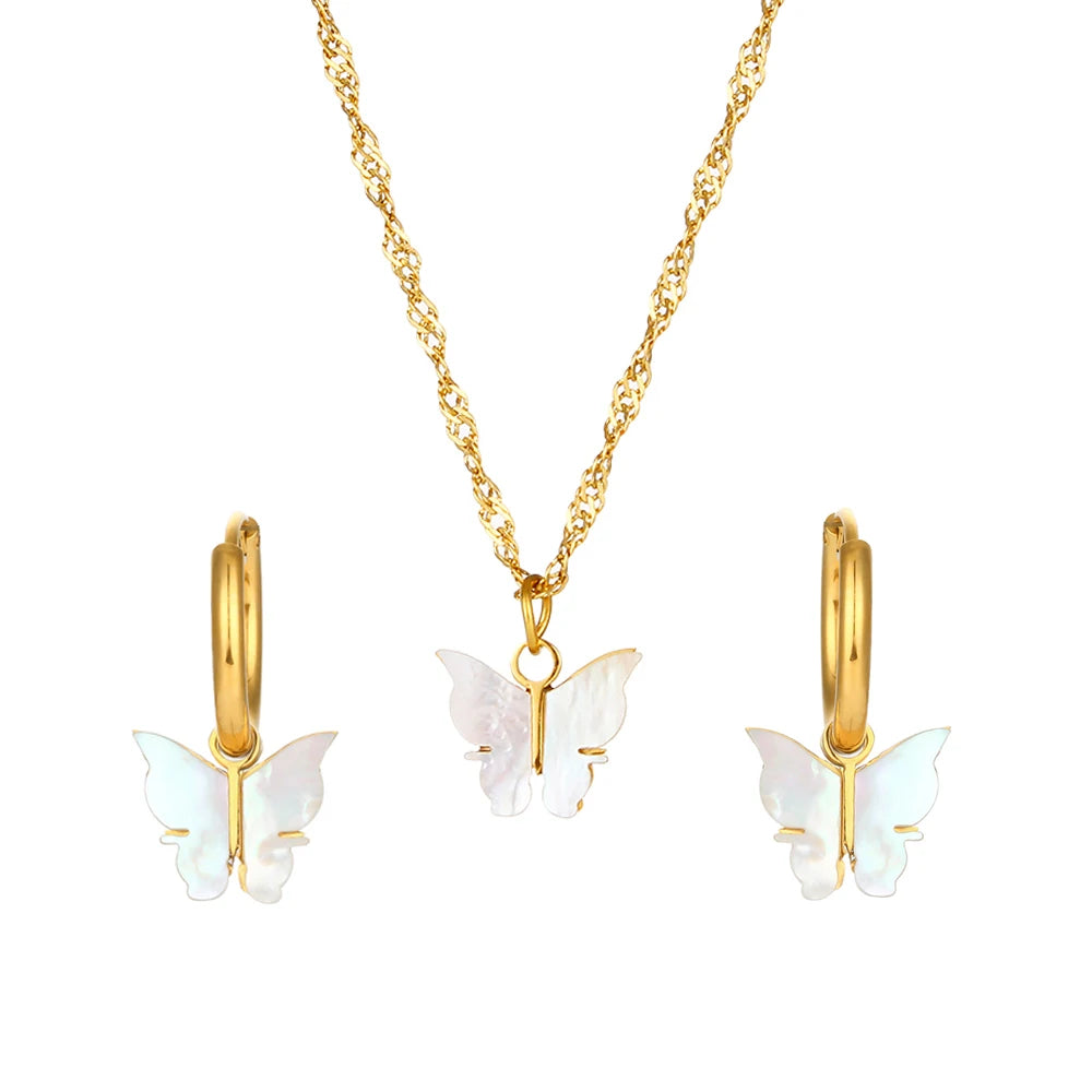 Butterfly Mother of Pearl Necklace and Earrings Set