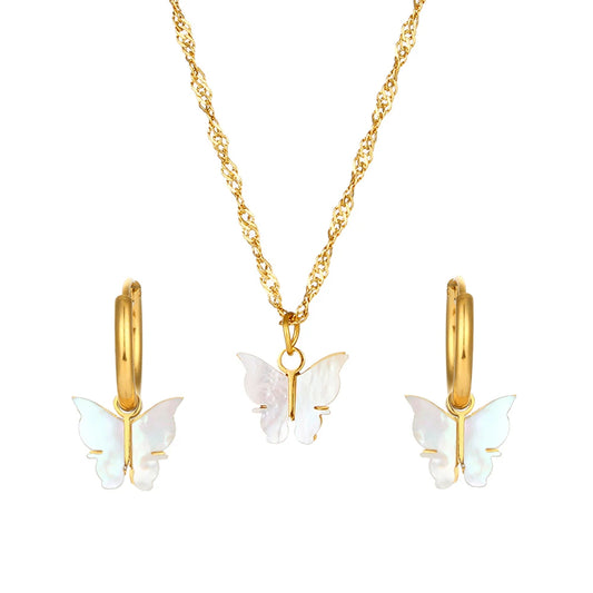 Butterfly Mother of Pearl Necklace and Earrings Set