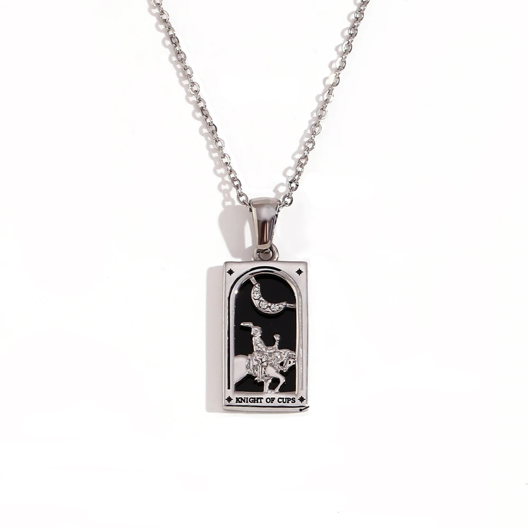 Knight of Cups - Silver Tarot card Dainty Necklace with Enamel