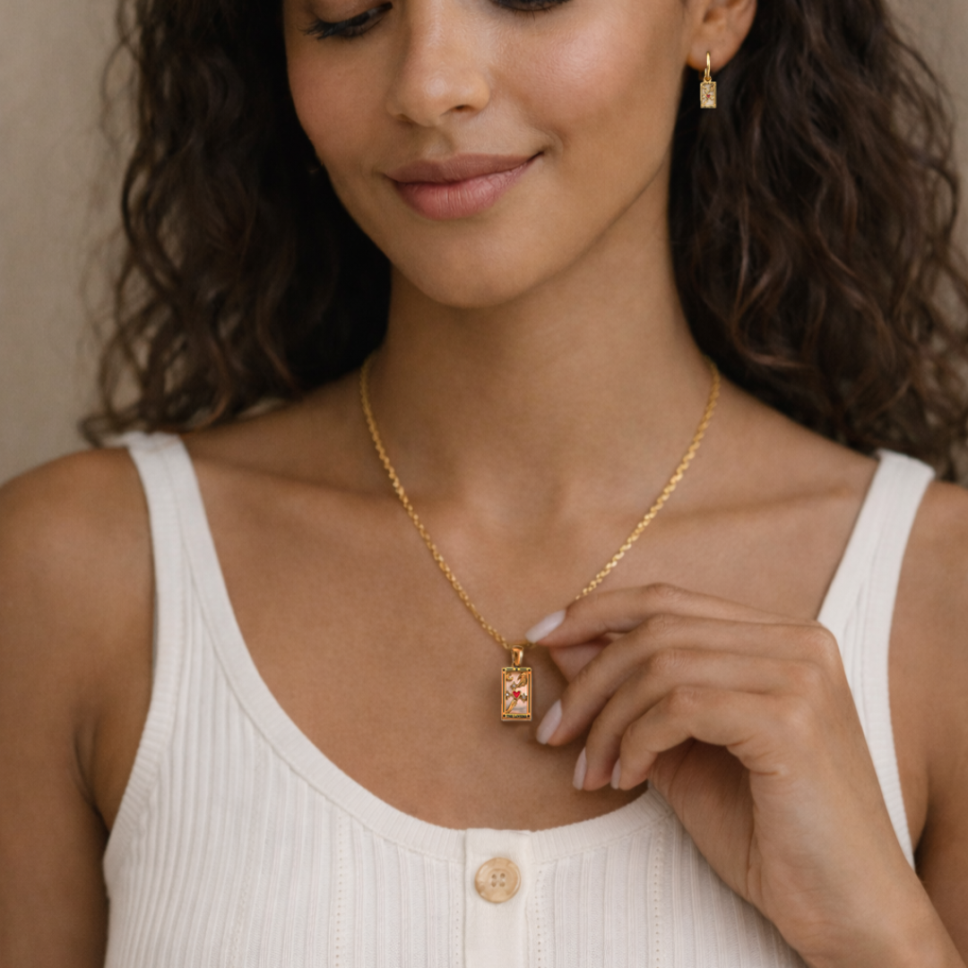 The Lovers - Tarot card Dainty  18k Necklace with Enamel