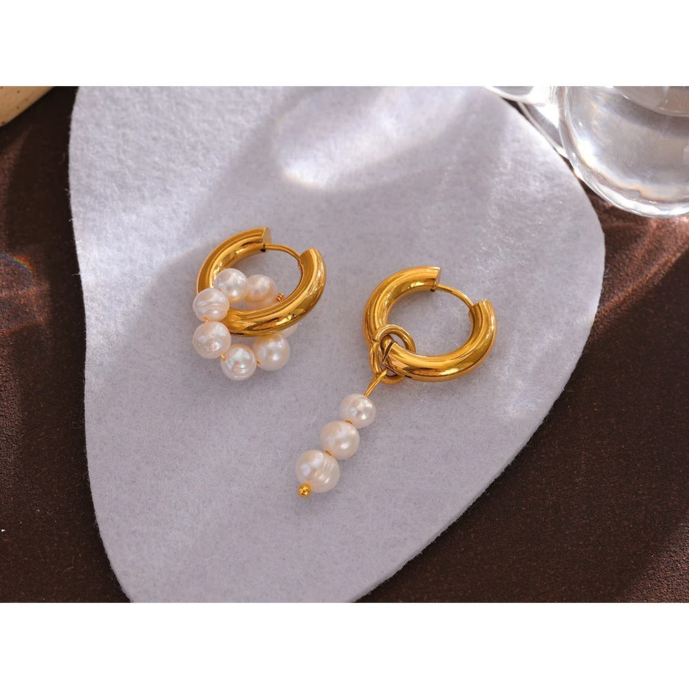 Pearl Cascade: Asymmetric Hoop Dangle Gold Earrings