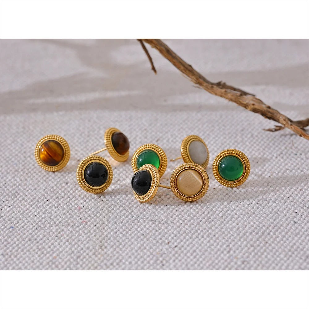 The One - Gold Stud Earrings with Green Agate