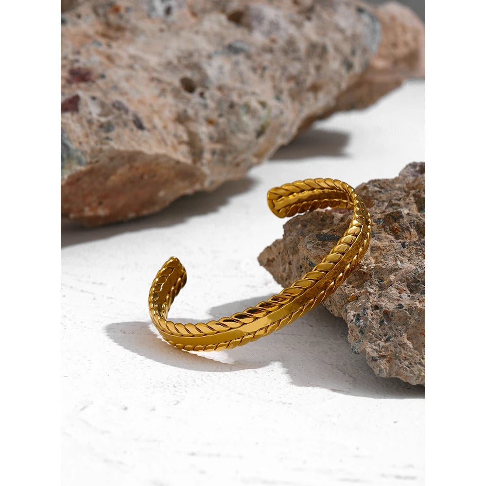 Golden Braided Elegance: 18k Gold Bangle Cuff Bracelet