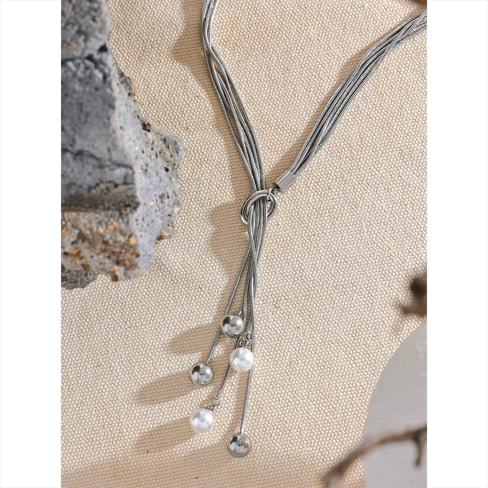 Mermaid's Treasure - Silver Multi Layer Long Necklace with Pearls