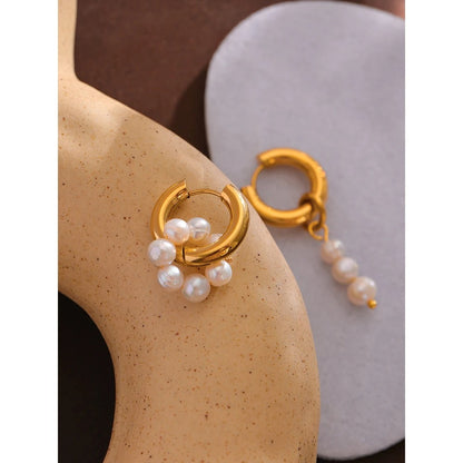 Pearl Cascade: Asymmetric Hoop Dangle Gold Earrings