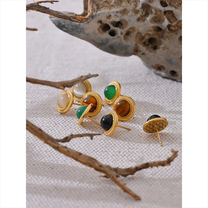 The One - Gold Stud Earrings with Green Agate