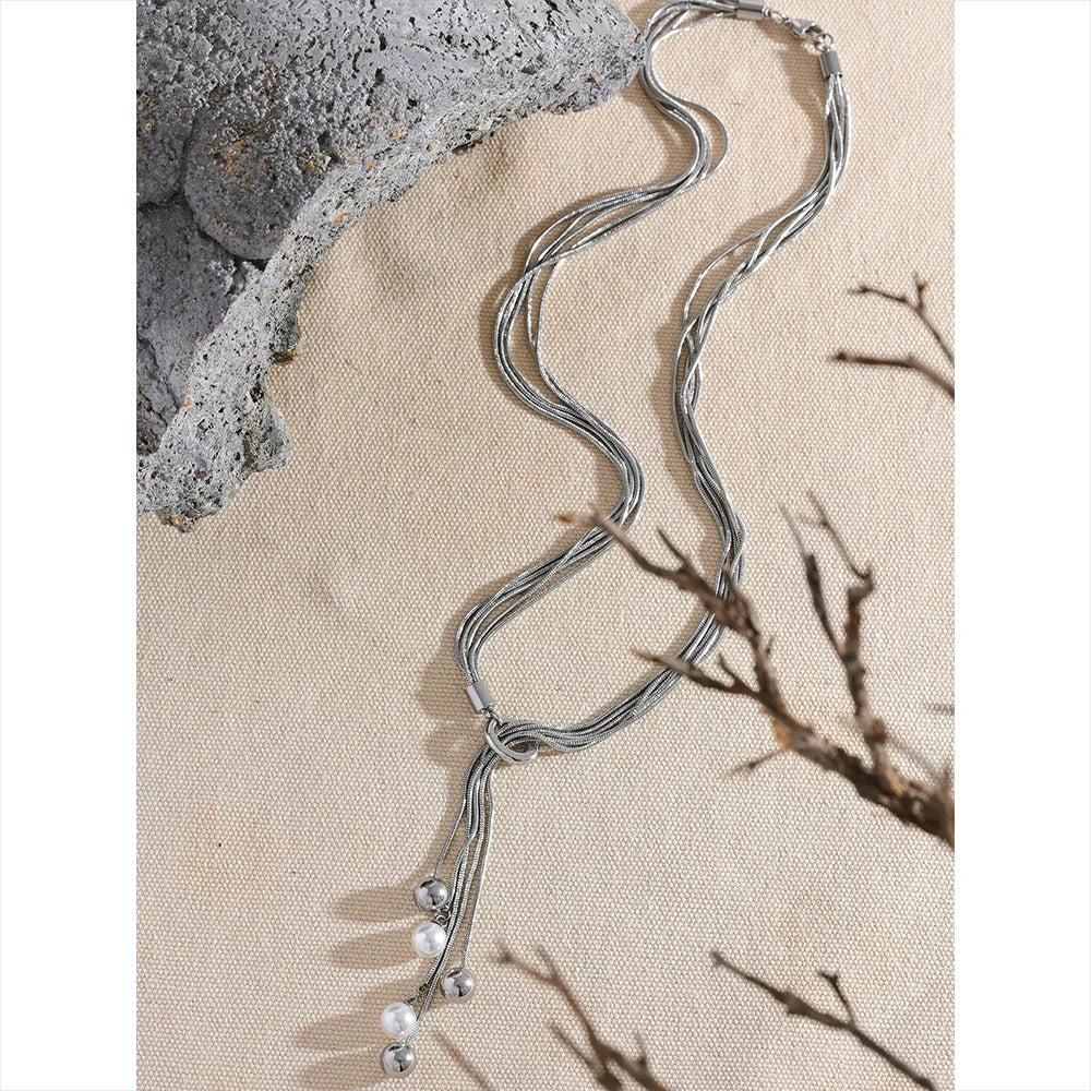 Mermaid's Treasure - Silver Multi Layer Long Necklace with Pearls