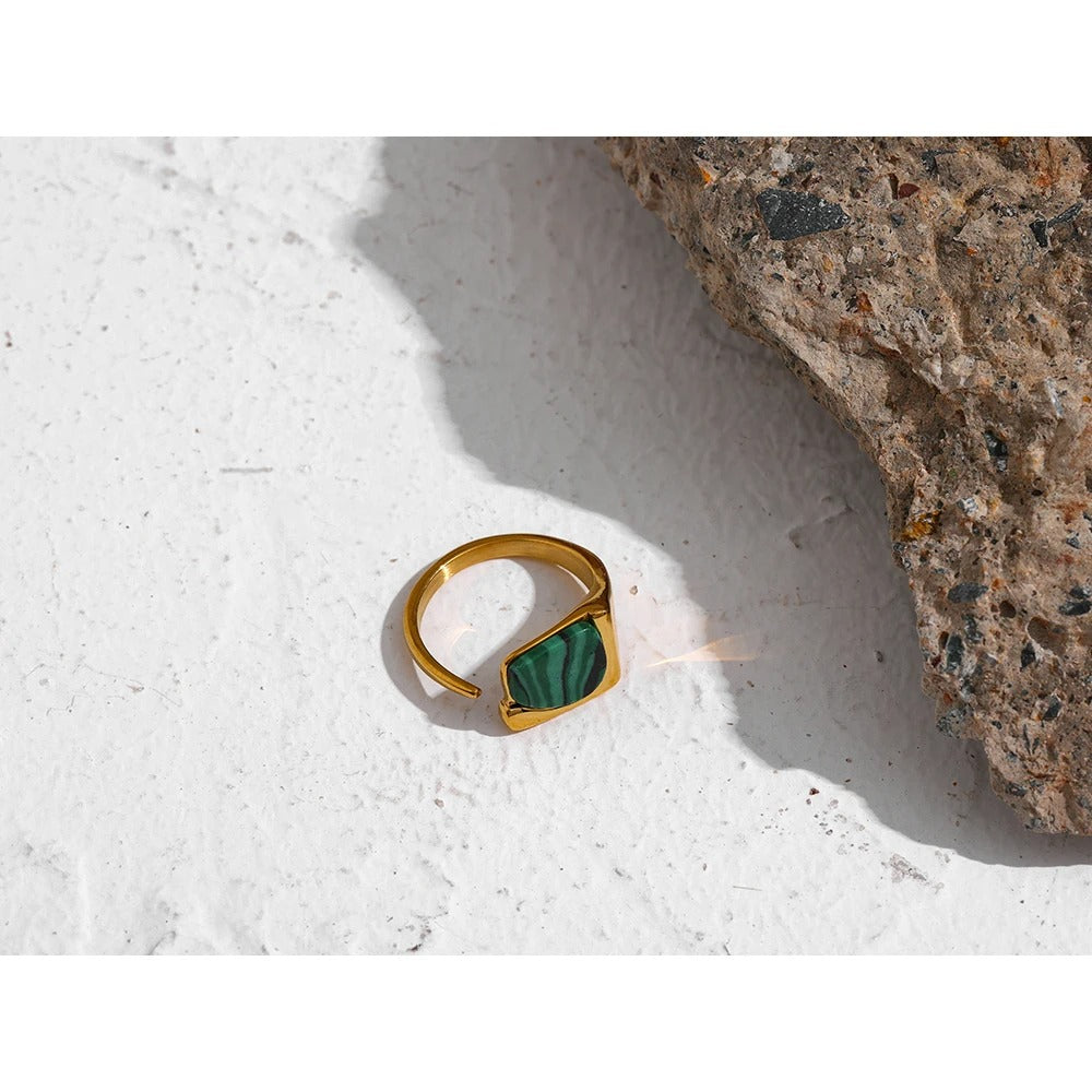 Stability - Gold Open Ring with Malachite