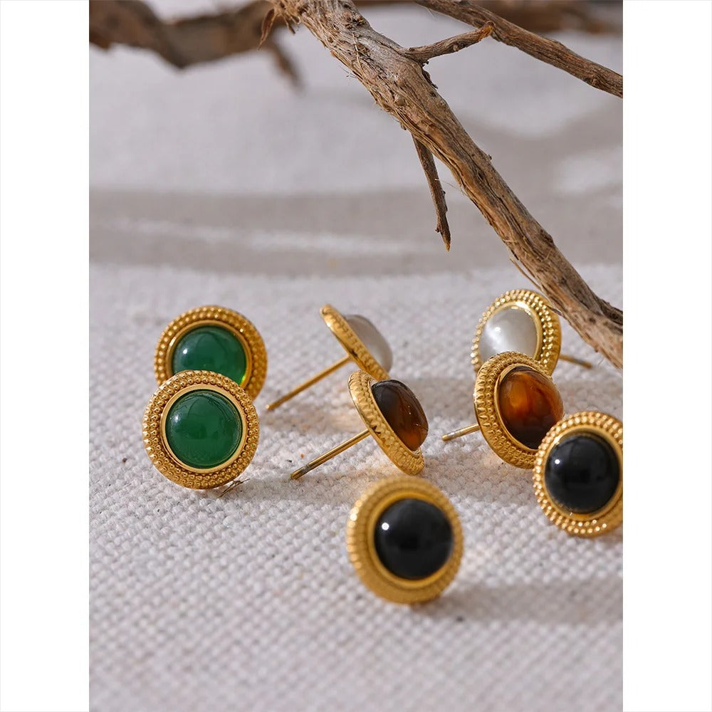 The One - Gold Stud Earrings with Green Agate