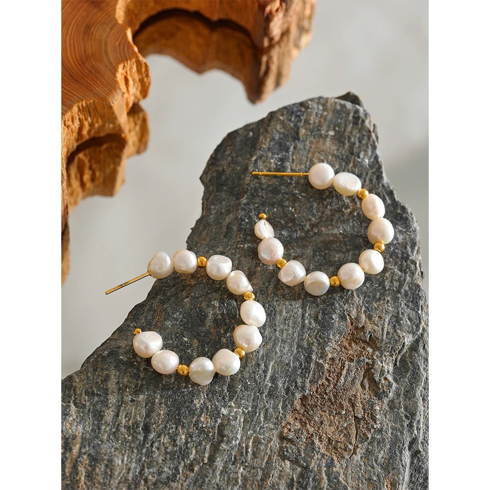 Dreamweave: Irregular Pearl Gold Earrings Hoops