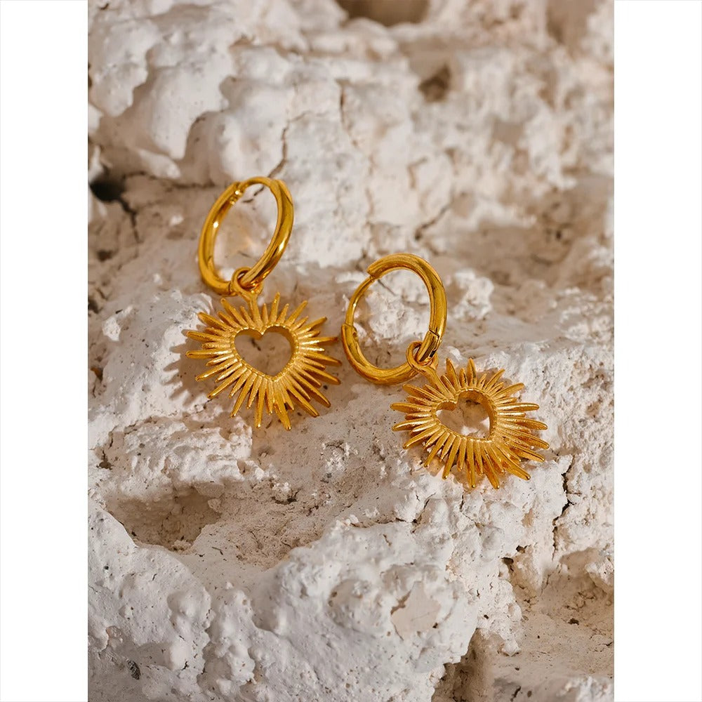 Sun-Kissed Love: Gold Heart Sun Hollow Drop Hoop Earrings