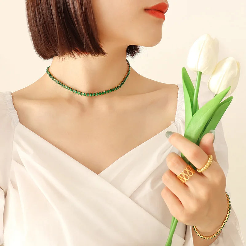 Nova Glow - Green Crystal Tennis Choker Necklace for Women