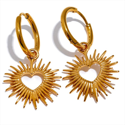 Sun-Kissed Love: Gold Heart Sun Hollow Drop Hoop Earrings