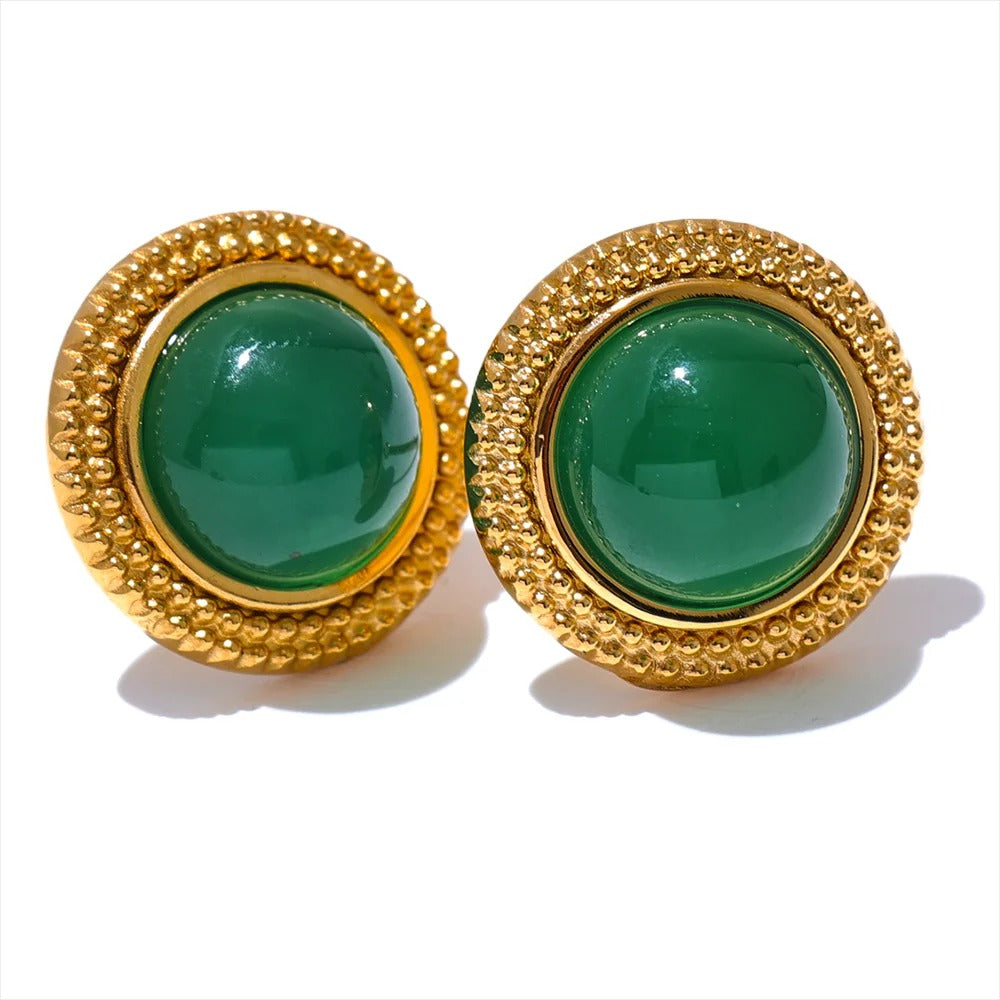 The One - Gold Stud Earrings with Green Agate