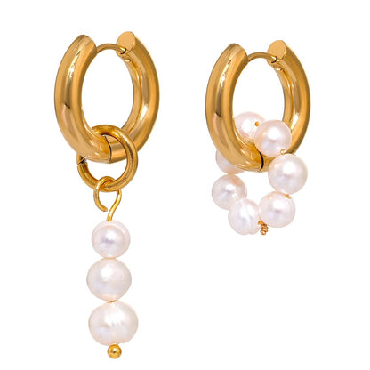 Pearl Cascade: Asymmetric Hoop Dangle Gold Earrings