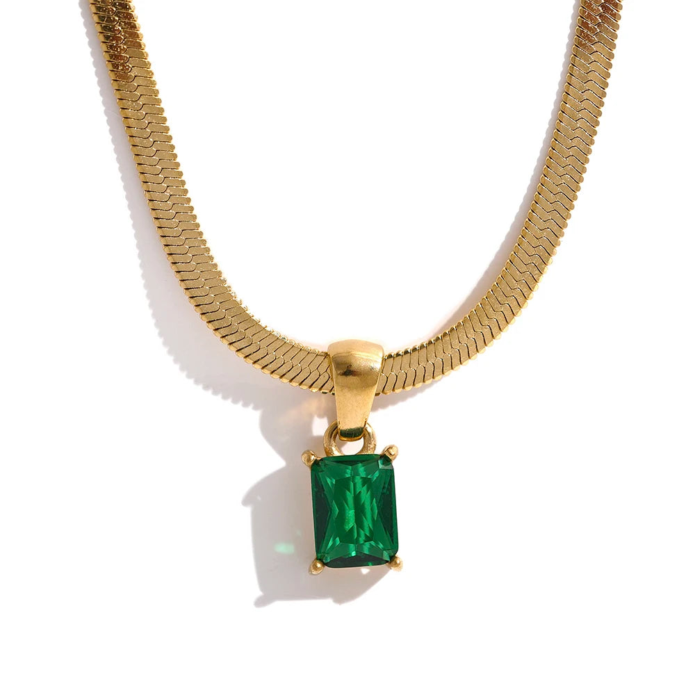 Nova Glow - Gold Flat Snake Necklace with Green Crystal