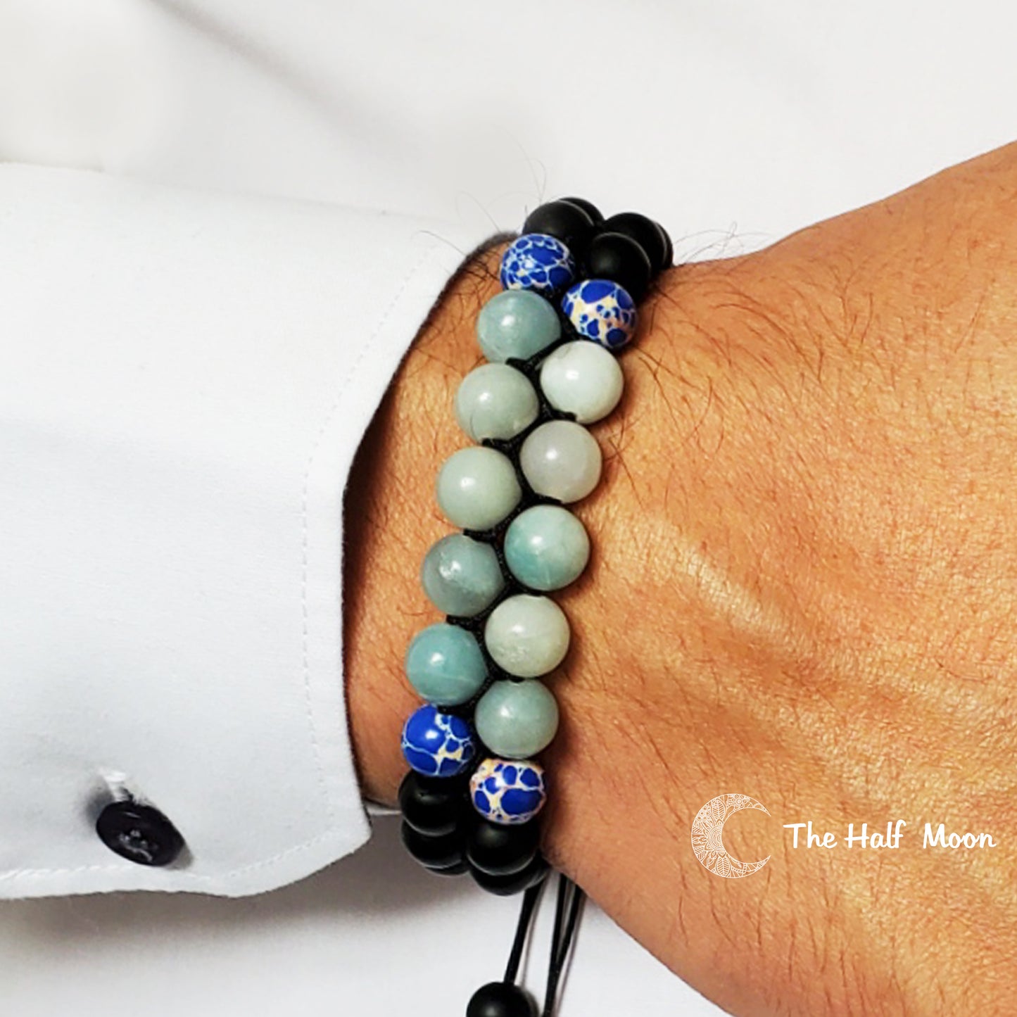 Give Courage - Adjustable Bracelet with Black Agate and Amazonite For Men I Women