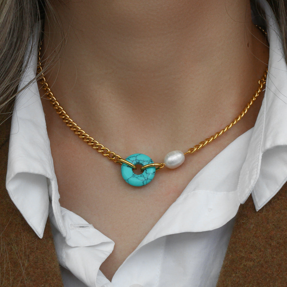 Hopefulness - Pearl with Synthetic Turquoise 18k Necklace