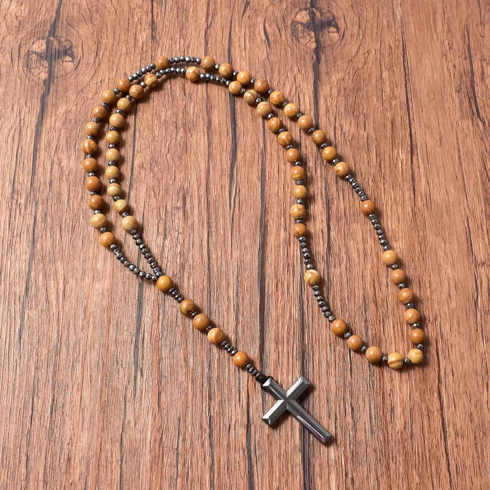 Pathway to past - Hematite Rosary with Petrified Wood Stone – The