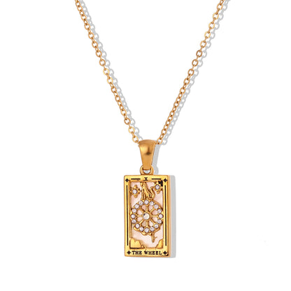 The Wheel - Tarot card Dainty 18k Necklace with Silver Enamel