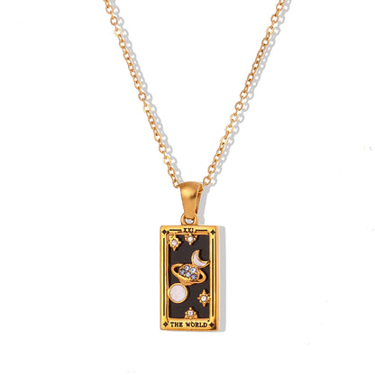 The World - Tarot card Dainty 18k Necklace with Black Enamel